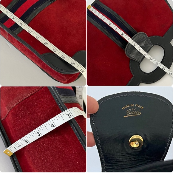 Vintage Gucci 1970s hand bag with cut out top handle red Nubuck navy leather web - Picture 13 of 17